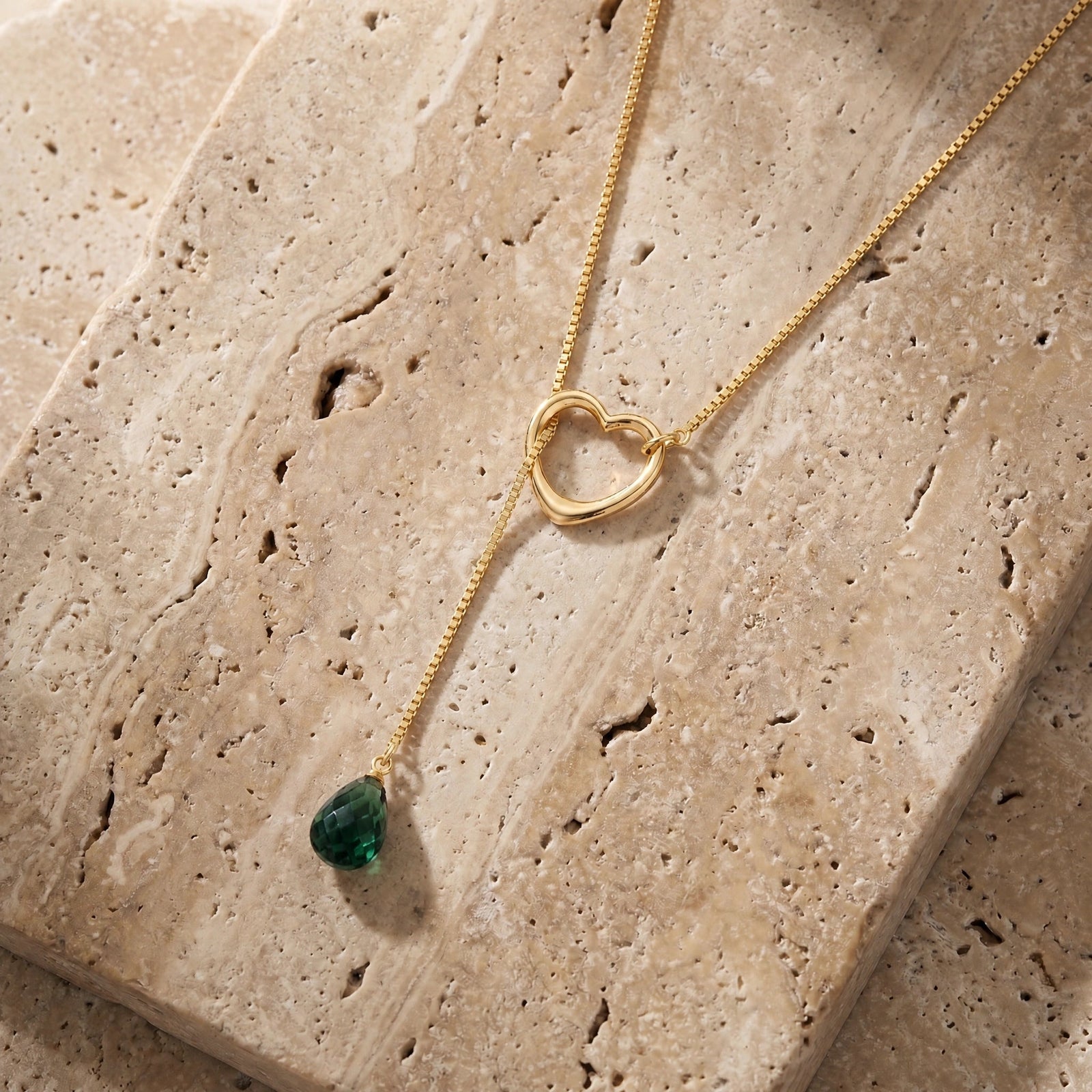 Yellow Gold Heart Pendant Drop Necklace Emerald 10K — Lucia