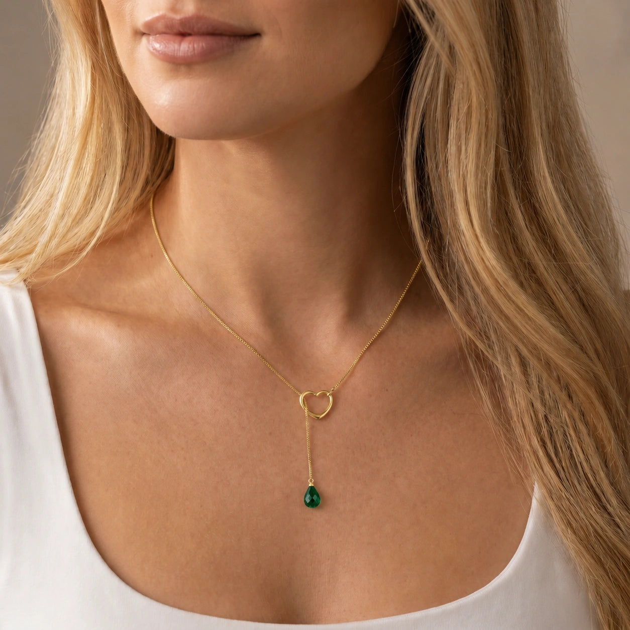 Yellow Gold Heart Pendant Drop Necklace Emerald 10K — Lucia