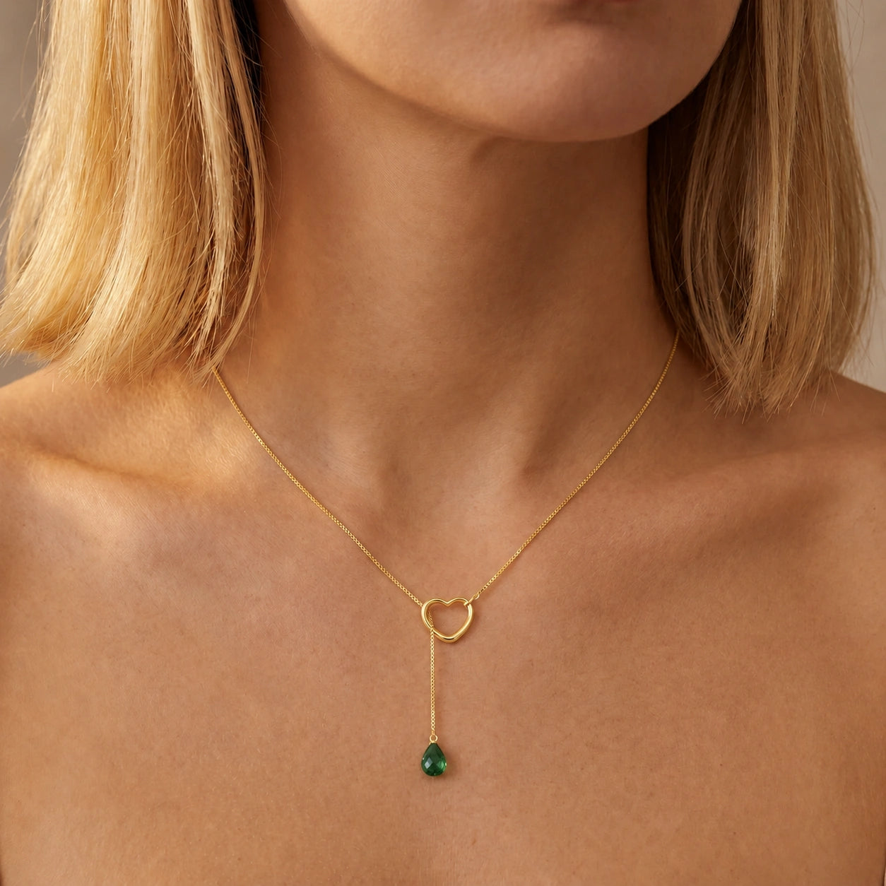 Yellow Gold Heart Pendant Drop Necklace Emerald 10K — Lucia