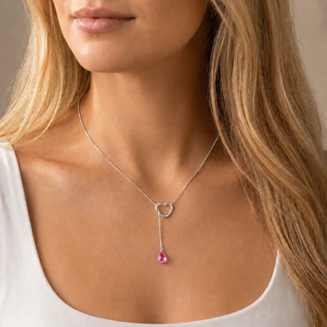 White Gold Heart Pendant Drop Necklace Pink Topaz 10K — Lucia