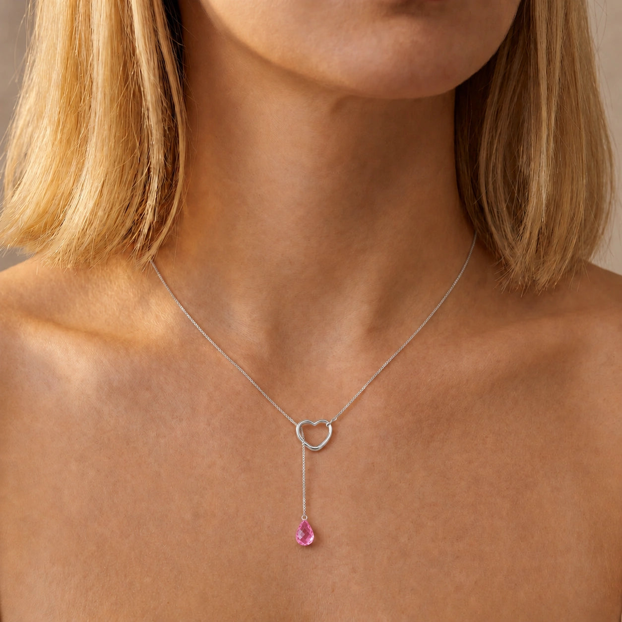 White Gold Heart Pendant Drop Necklace Pink Topaz 10K — Lucia
