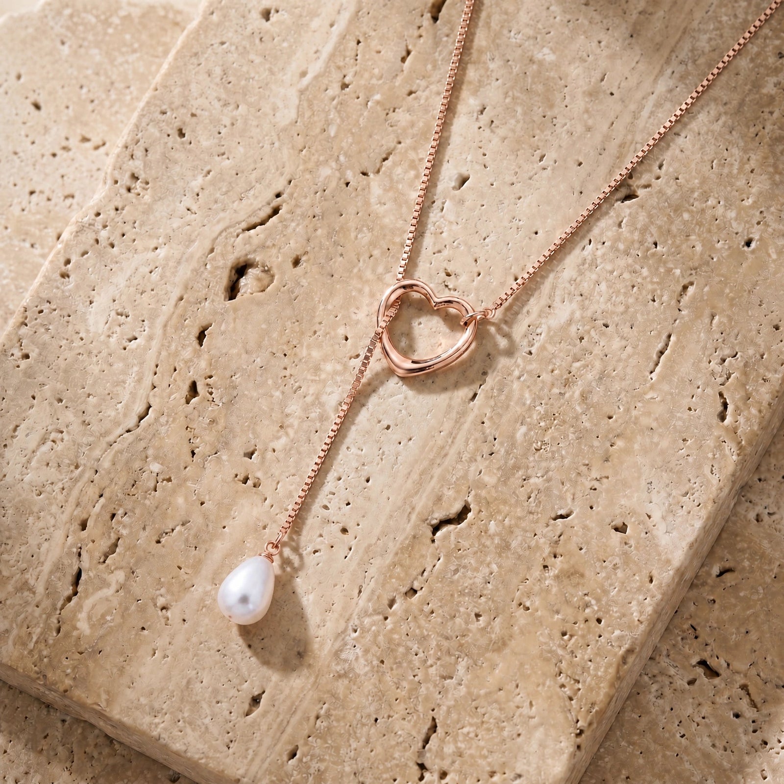 Rose Gold Heart Pendant Drop Necklace Pearl 10K — Lucia