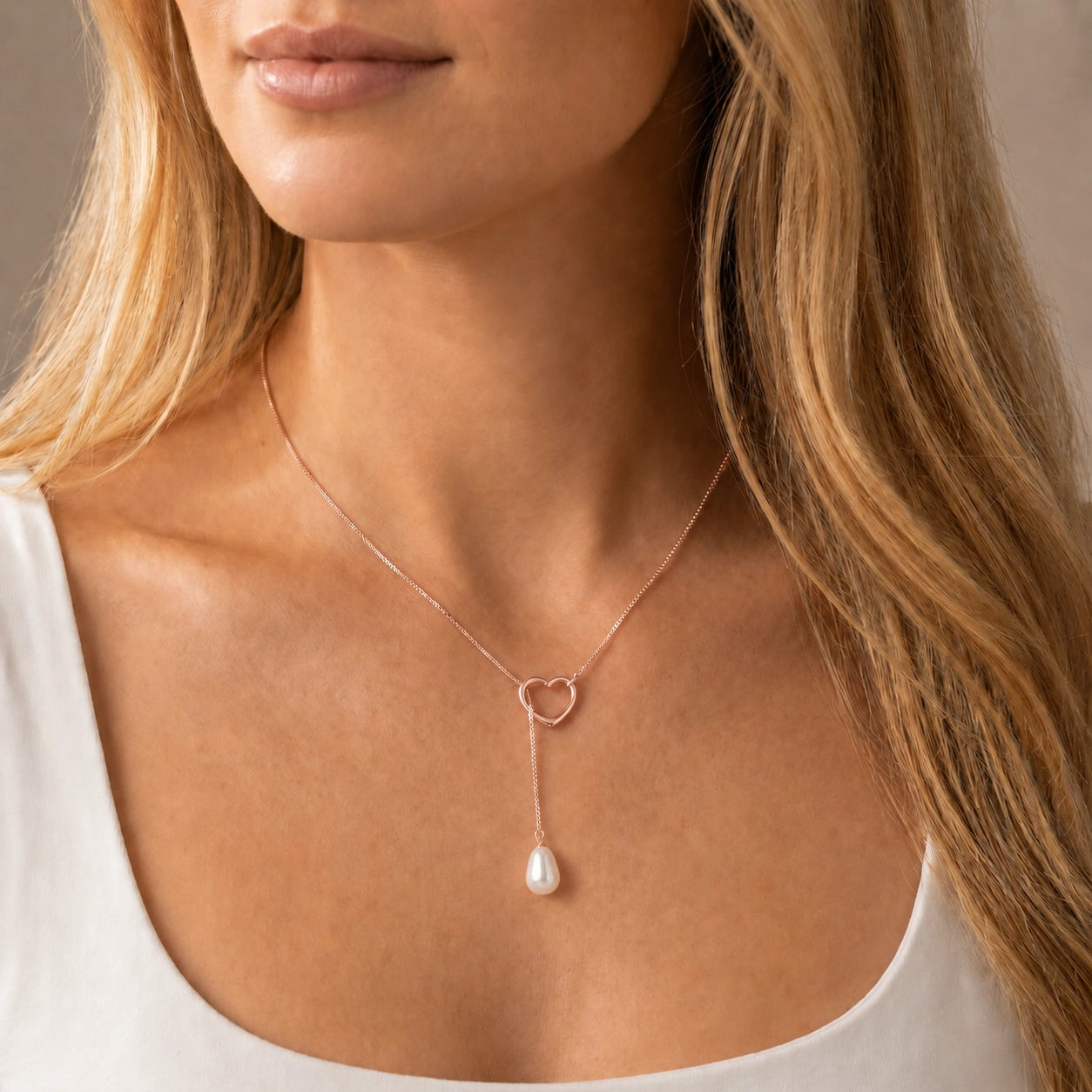 Rose Gold Heart Pendant Drop Necklace Pearl 10K — Lucia