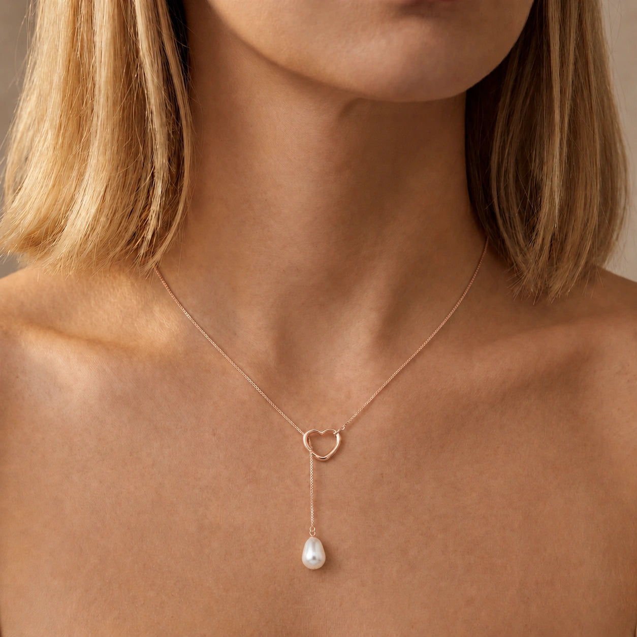 Rose Gold Heart Pendant Drop Necklace Pearl 10K — Lucia