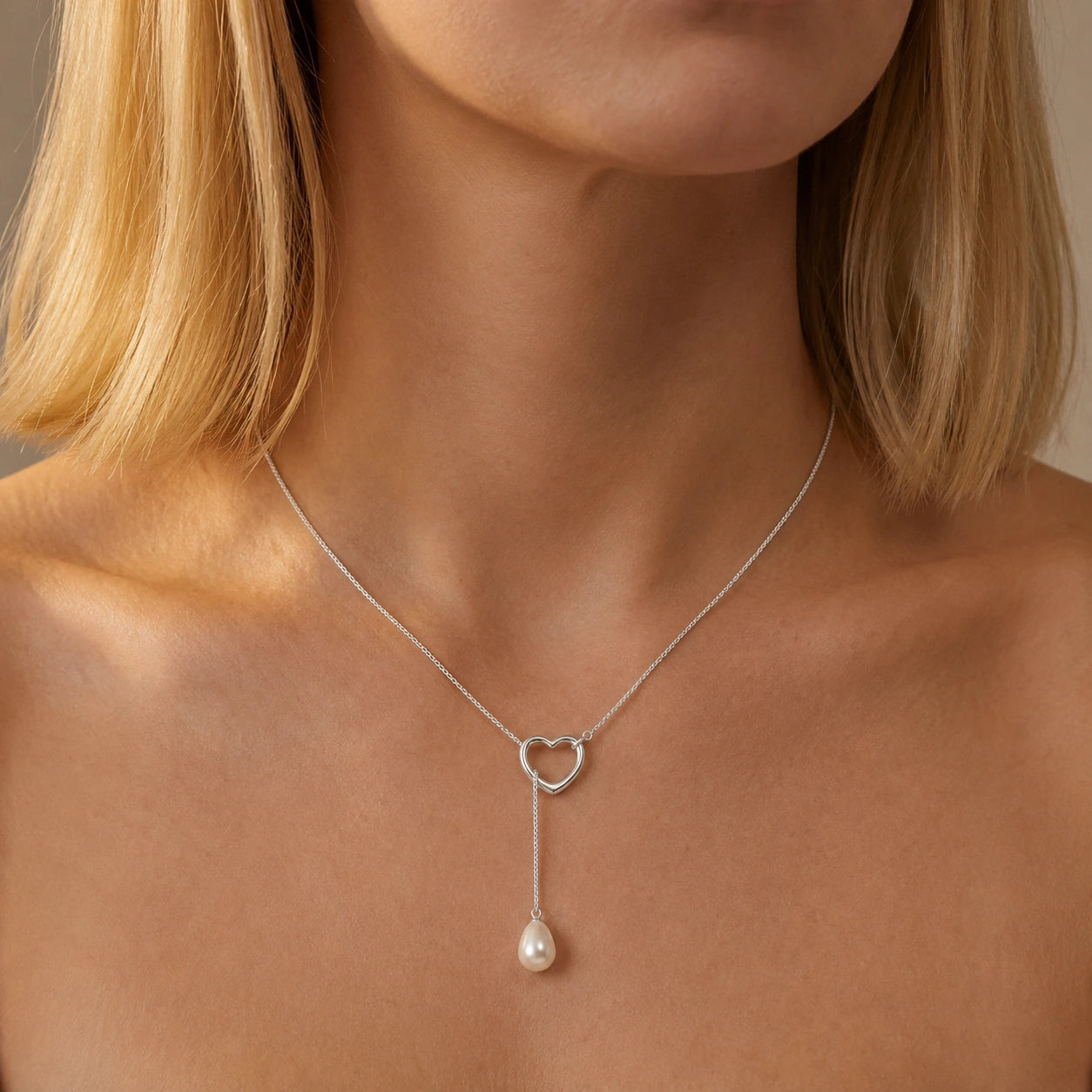 White Gold Heart Pendant Drop Necklace Pearl 10K — Lucia