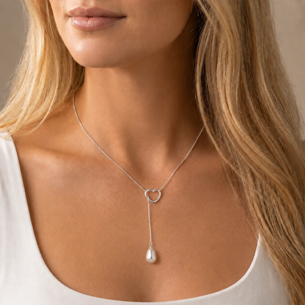 White Gold Heart Pendant Drop Necklace Pearl 10K — Lucia