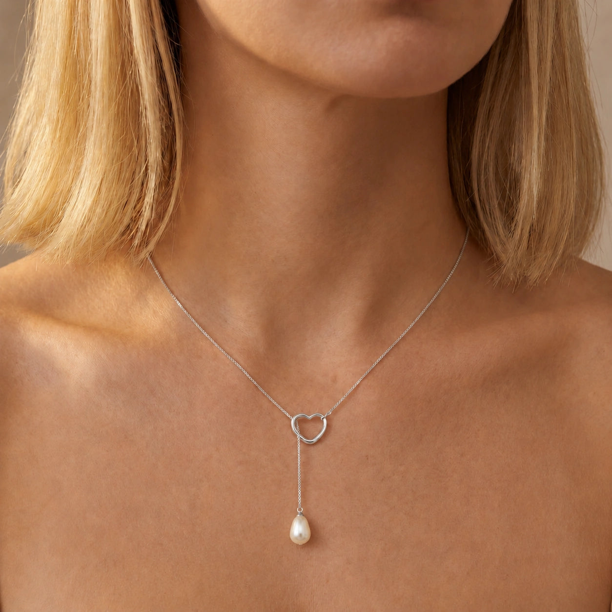 White Gold Heart Pendant Drop Necklace Pearl 10K — Lucia