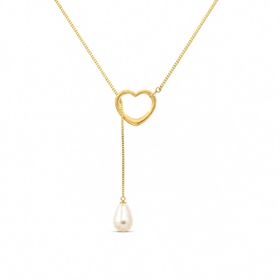 Yellow Gold Heart Pendant Drop Necklace Pearl 10K — Lucia