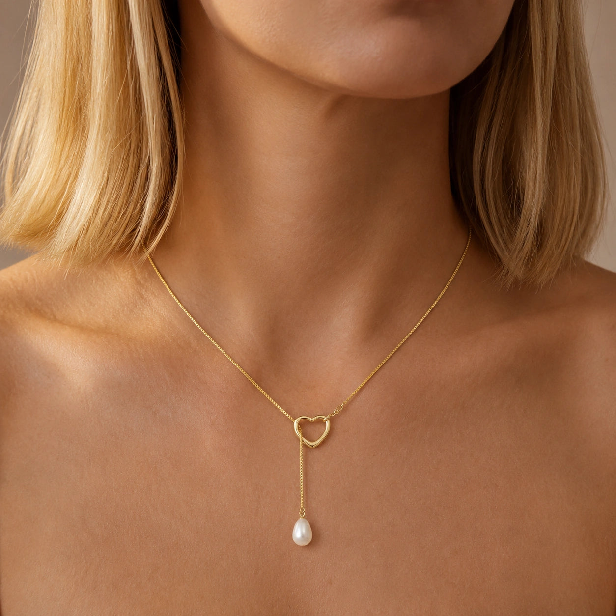 Yellow Gold Heart Pendant Drop Necklace Pearl 10K — Lucia
