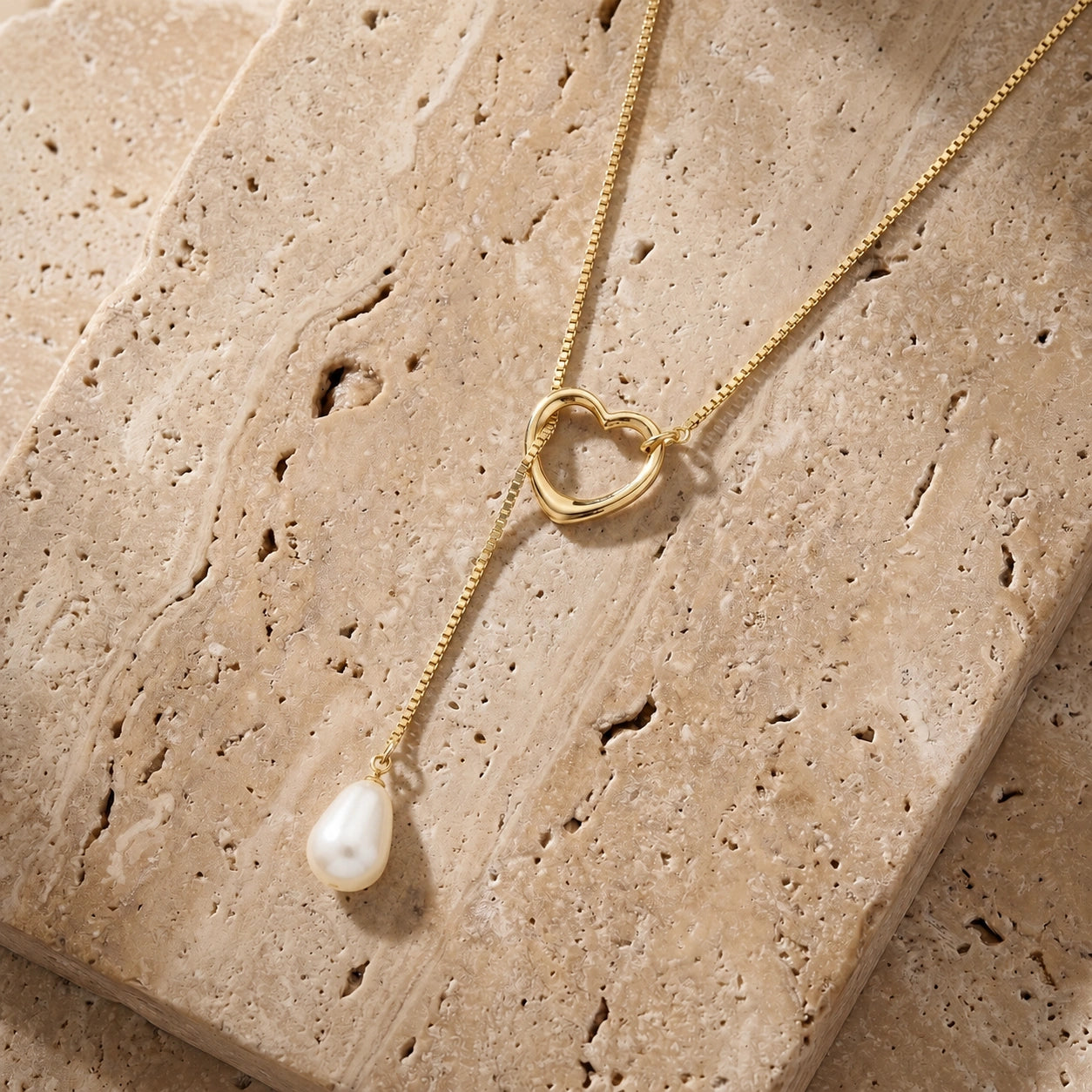 Yellow Gold Heart Pendant Drop Necklace Pearl 10K — Lucia