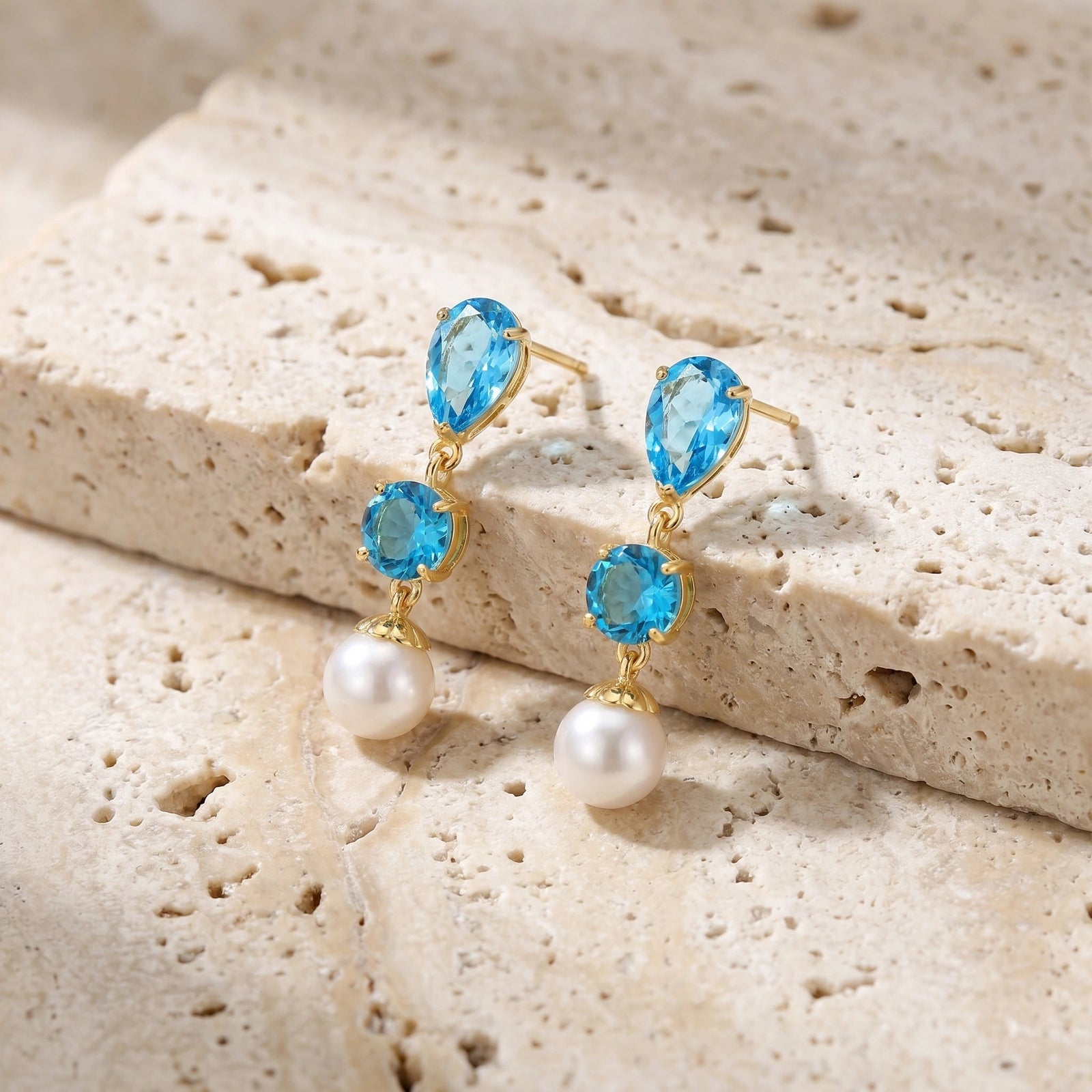 Yellow Gold Pearl & Blue Topaz — Mariacaterina