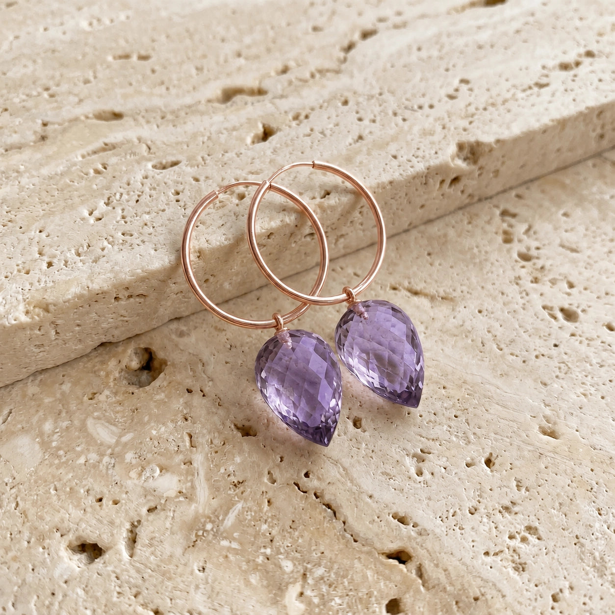 Rose Gold Pet Hoop Earrings Amethyst 10K — Malvina
