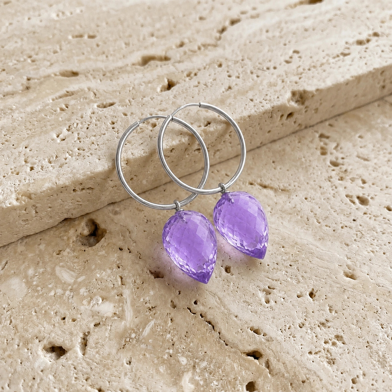 White Gold Pet Hoop Earrings Amethyst 10K — Malvina