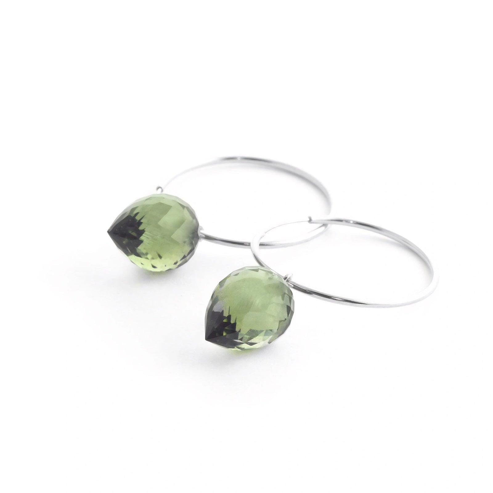 White Gold Pet Hoop Earrings Green Amethyst 10K — Malvina