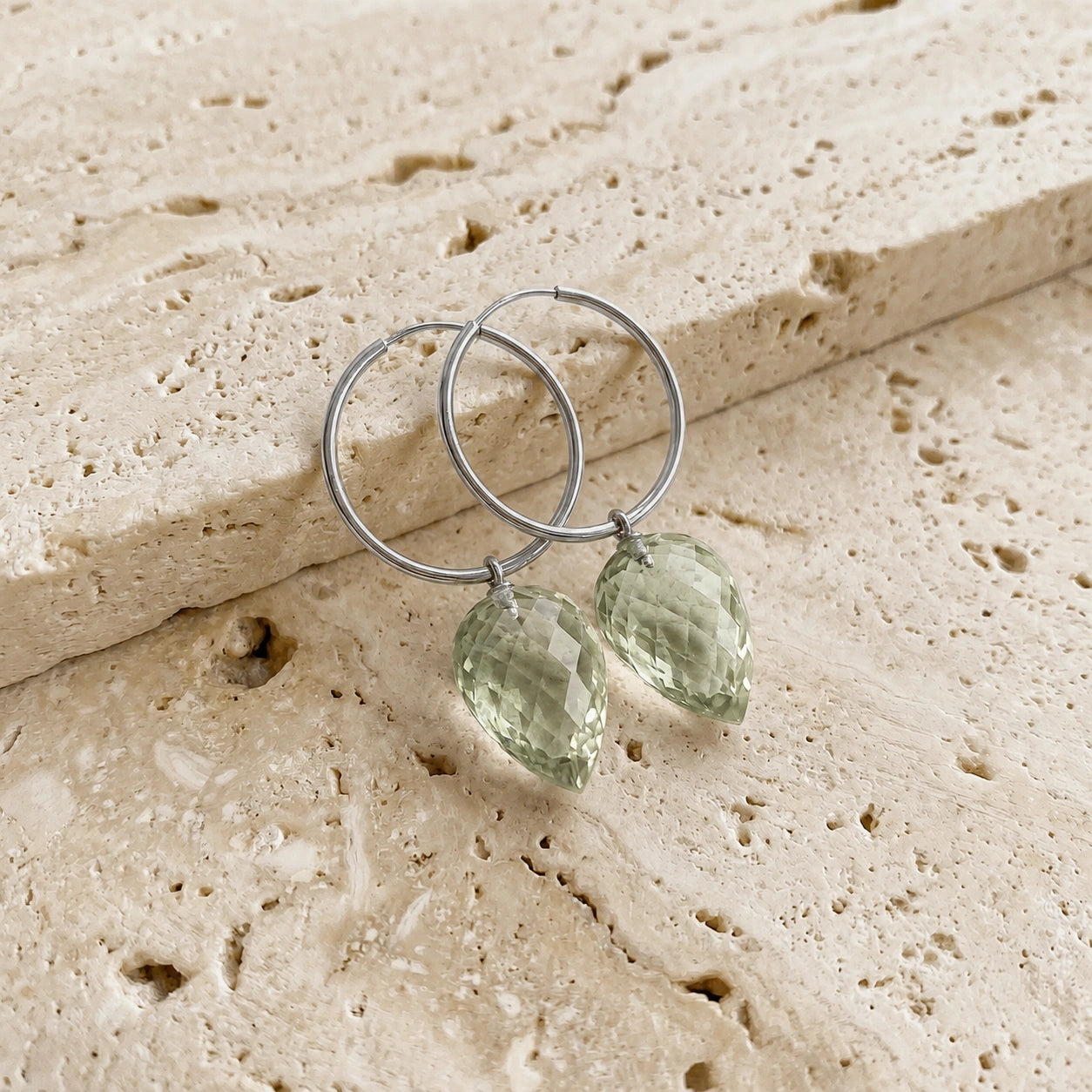 White Gold Pet Hoop Earrings Green Amethyst 10K — Malvina