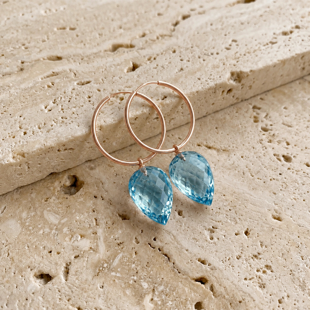 Rose Gold Pet Hoop Earrings Blue Topaz 10K — Malvina