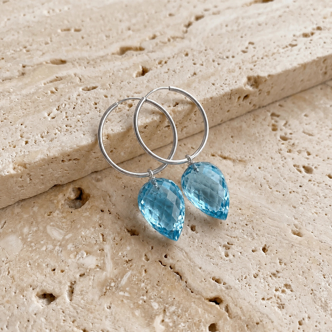 White Gold Pet Hoop Earrings Blue Topaz 10K — Malvina