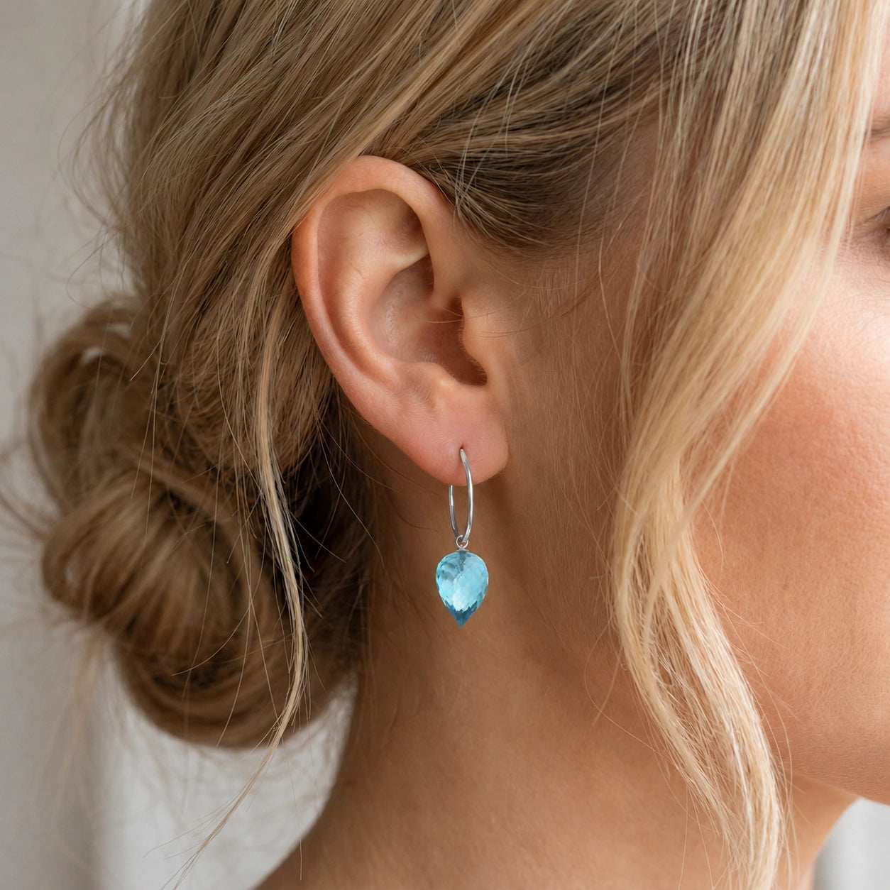 White Gold Pet Hoop Earrings Blue Topaz 10K — Malvina