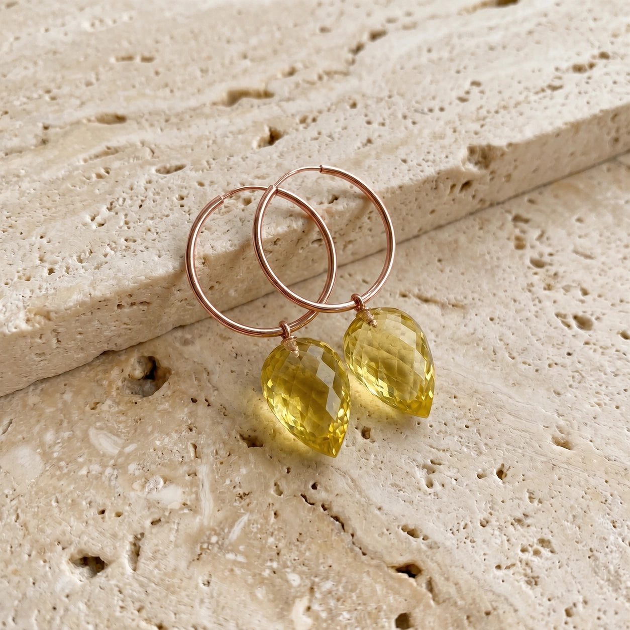 Rose Gold Pet Hoop Earrings Lemon Quartz 10K — Malvina