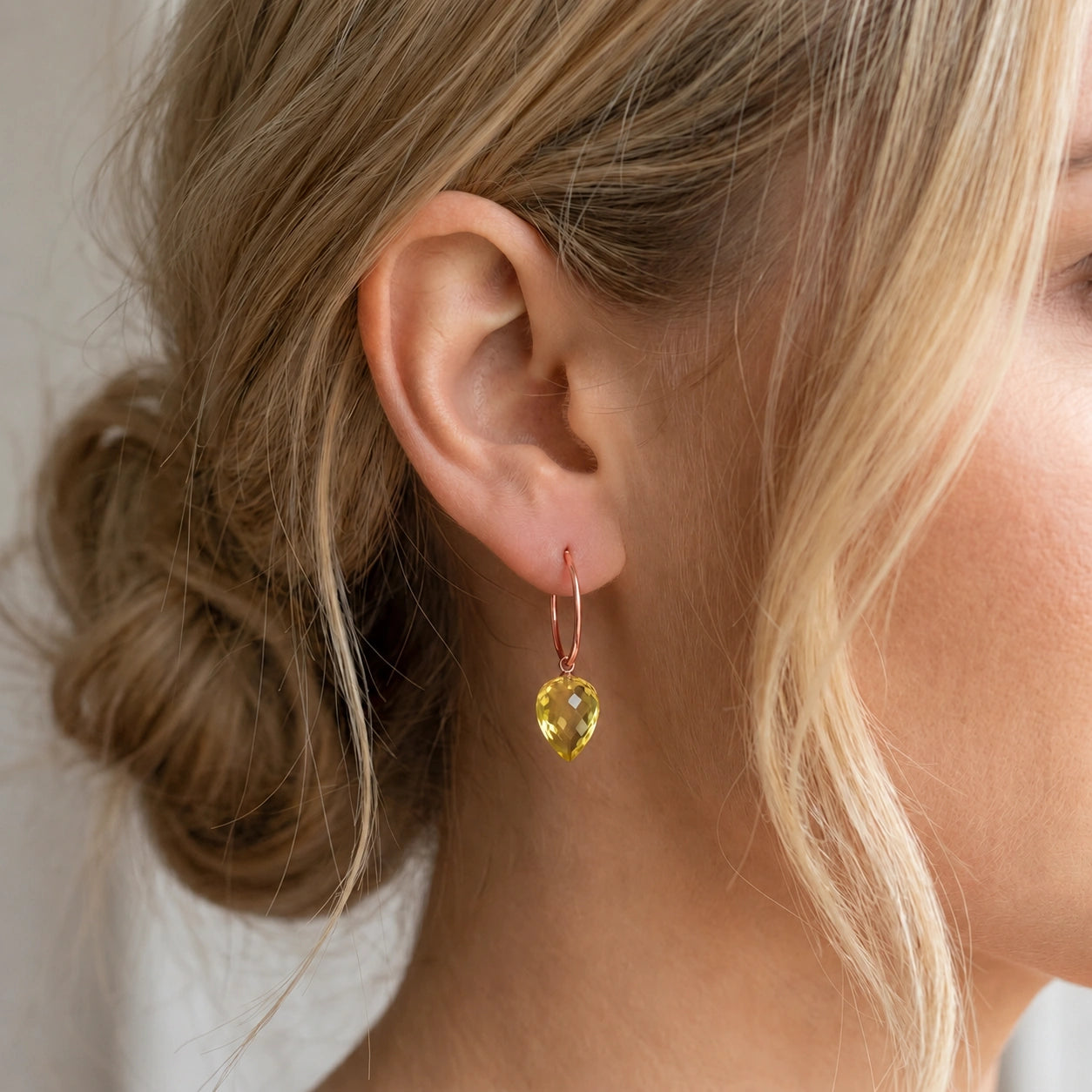 Rose Gold Pet Hoop Earrings Lemon Quartz 10K — Malvina