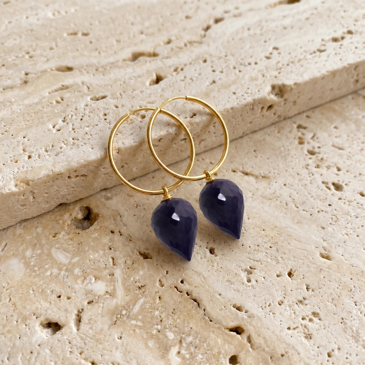 Yellow Gold Pet Hoop Earrings Sapphire 10K — Malvina