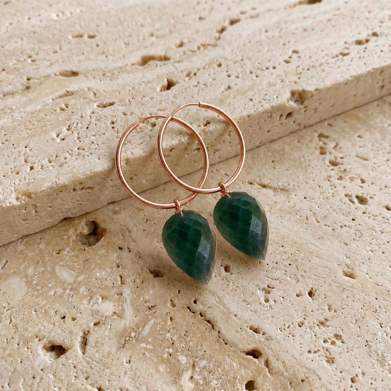 Rose Gold Pet Hoop Earrings Emerald 10K — Malvina