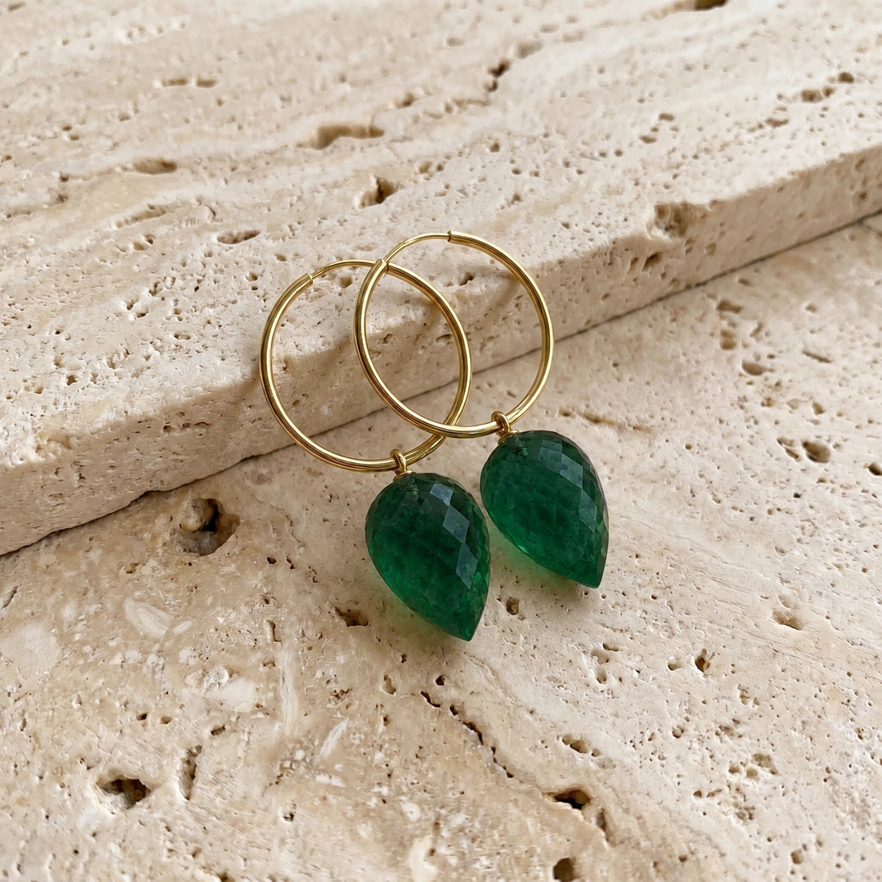 Yellow Gold Pet Hoop Earrings Emerald 10K — Malvina