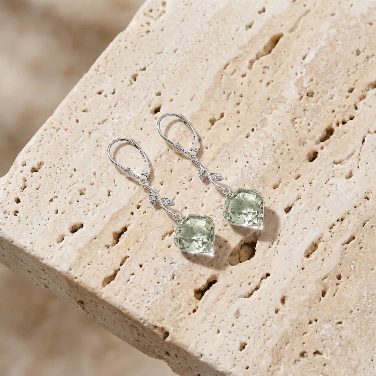 White Gold Earrings Green Amethyst 10K — Norina