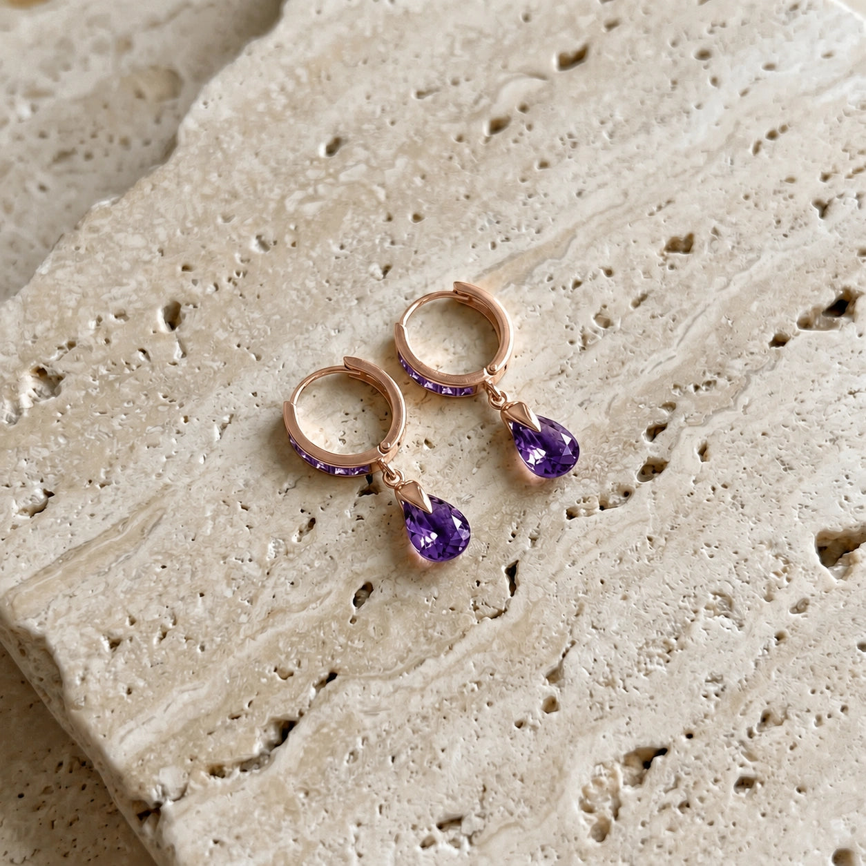 Rose Gold Rose Earrings Amethyst 10K — Calliope