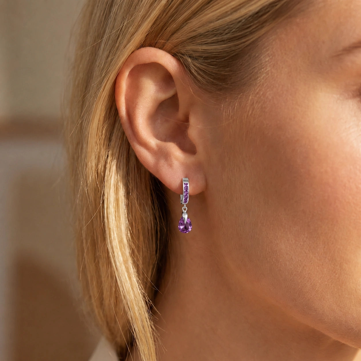 White Gold Rose Earrings Amethyst 10K — Calliope
