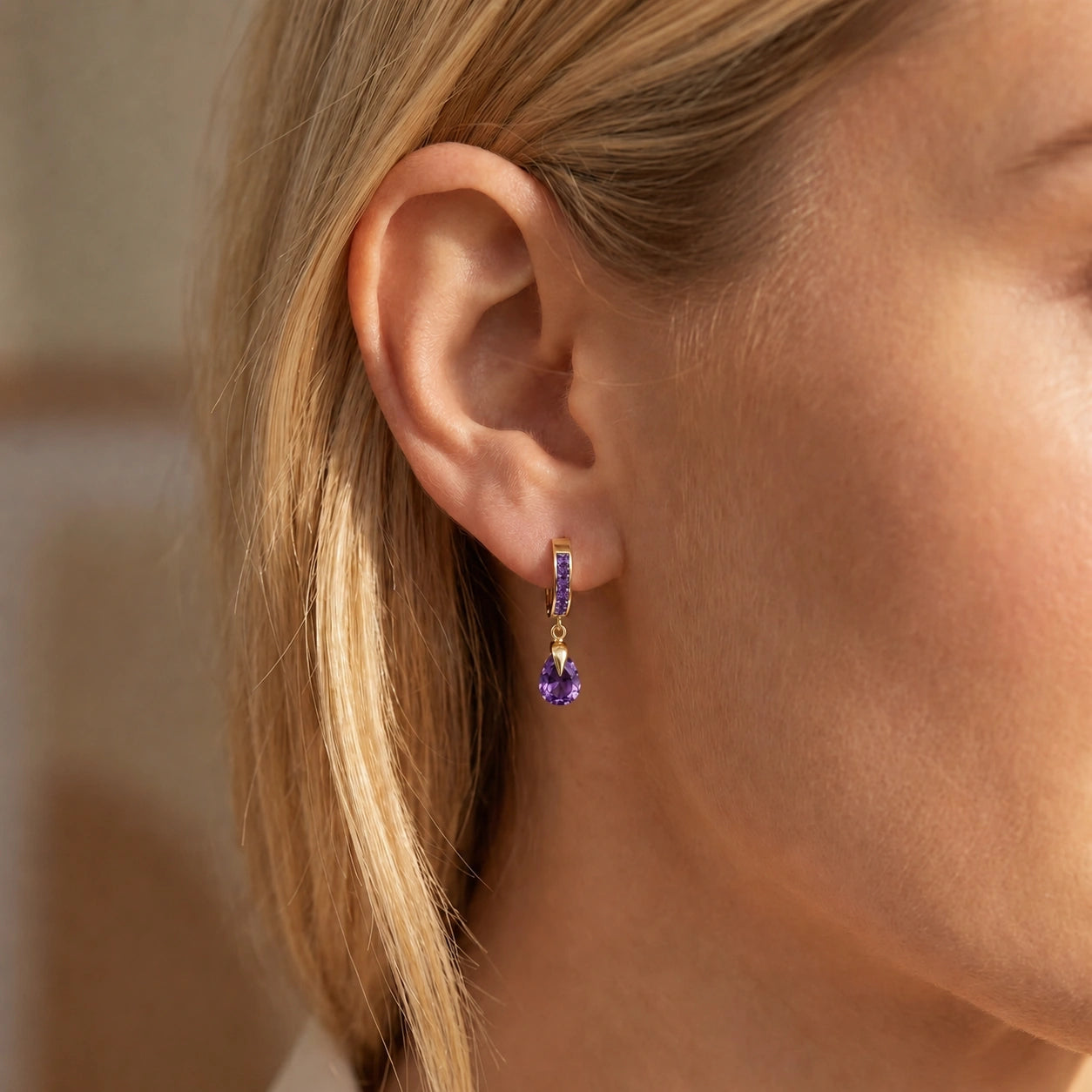 Yellow Gold Rose Earrings Amethyst 10K — Calliope