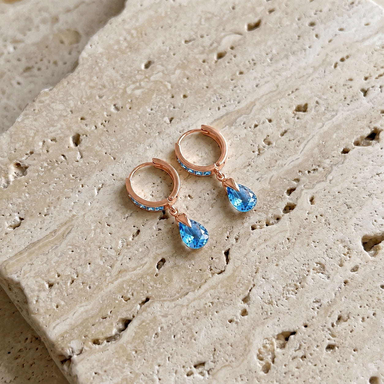 Rose Gold Rose Earrings Blue Topaz 10K — Calliope