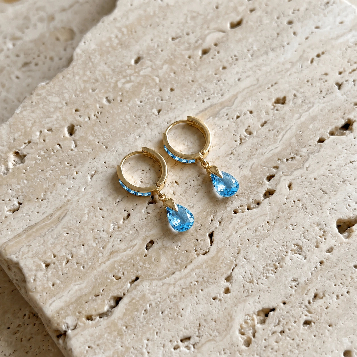 Yellow Gold Rose Earrings Blue Topaz 10K — Calliope