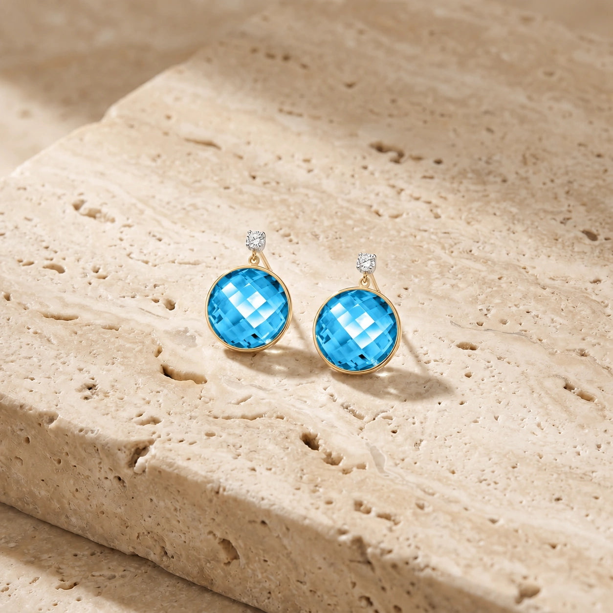Yellow Gold Earrings Blue Topaz 10K — Carlotta