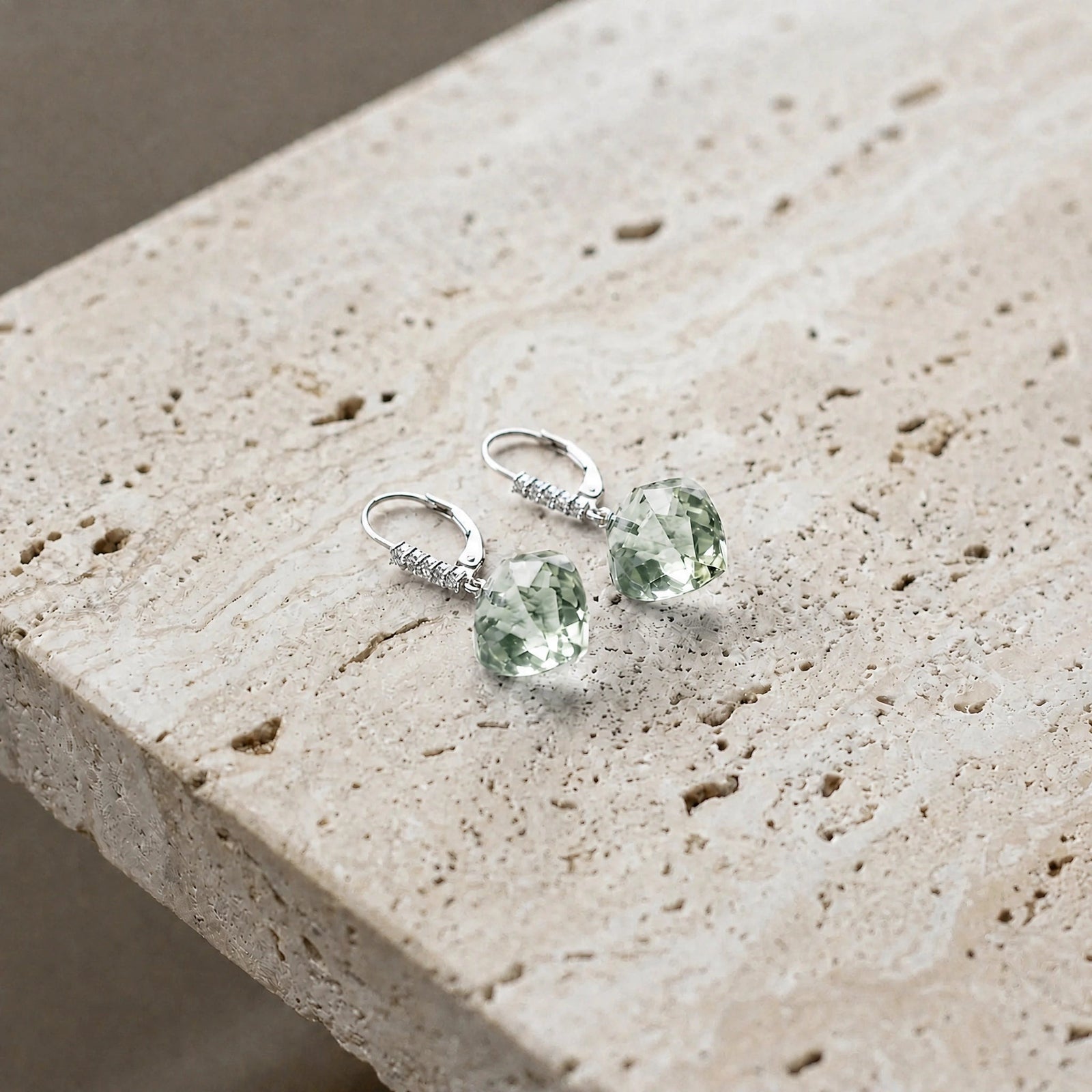 White Gold Earrings Green Amethyst 10K — Stella