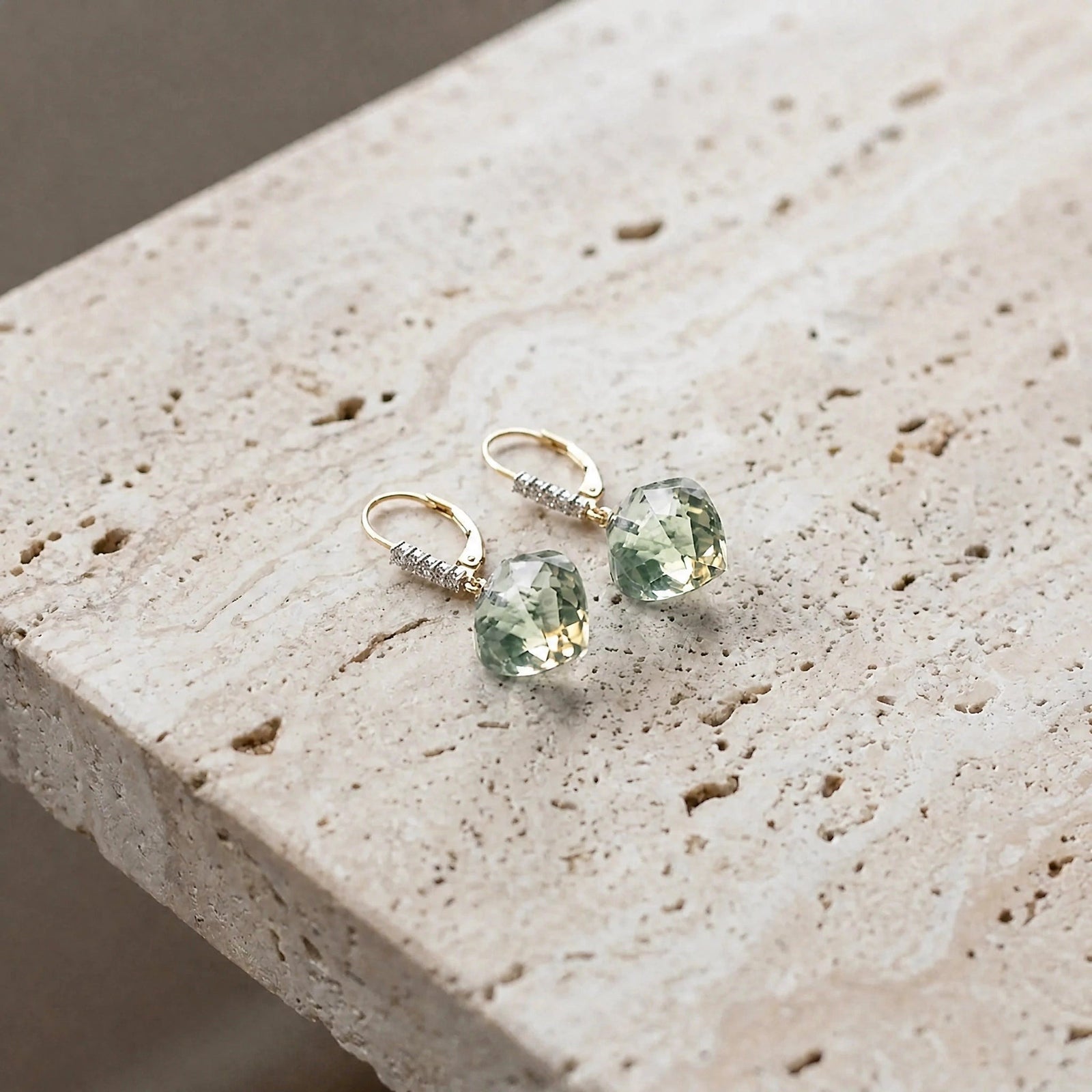 Yellow Gold Earrings Green Amethyst 10K — Stella