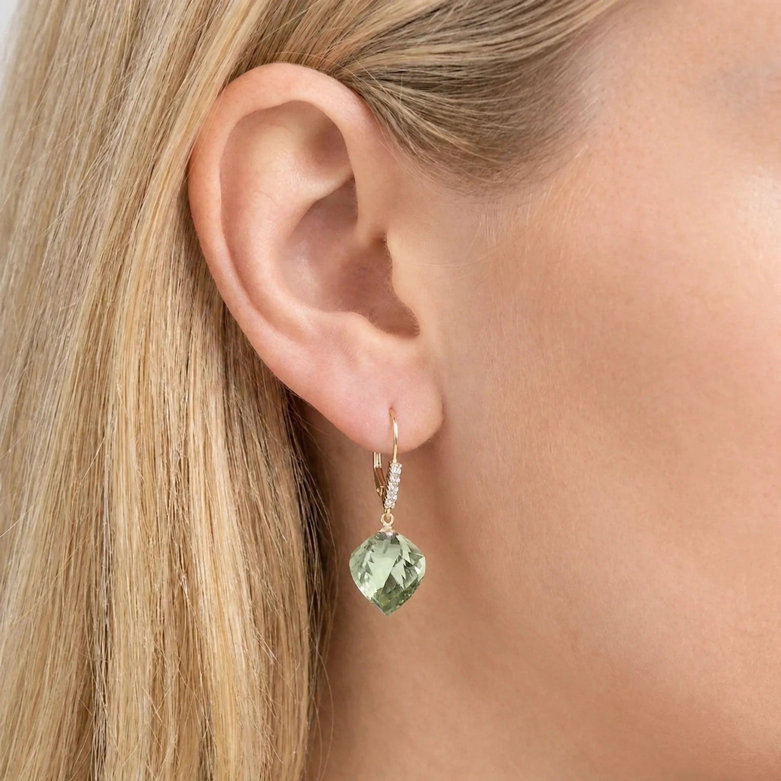 Yellow Gold Earrings Green Amethyst 10K — Stella