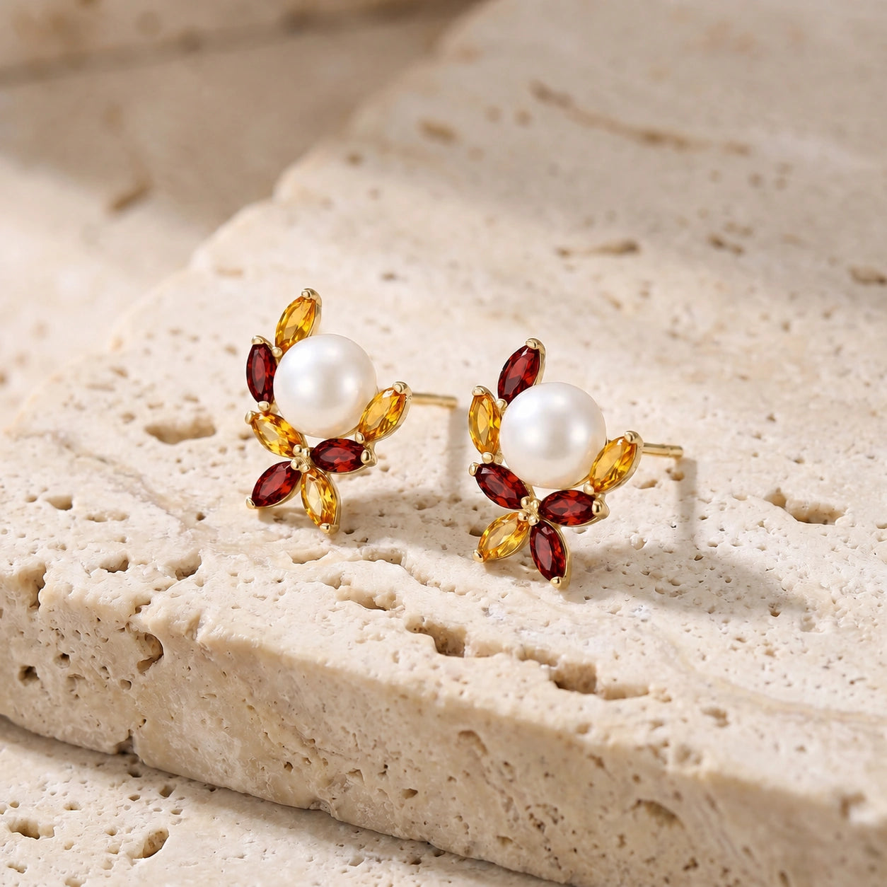 Yellow Gold Pearl & Garnet & Citrine — Mariaambra