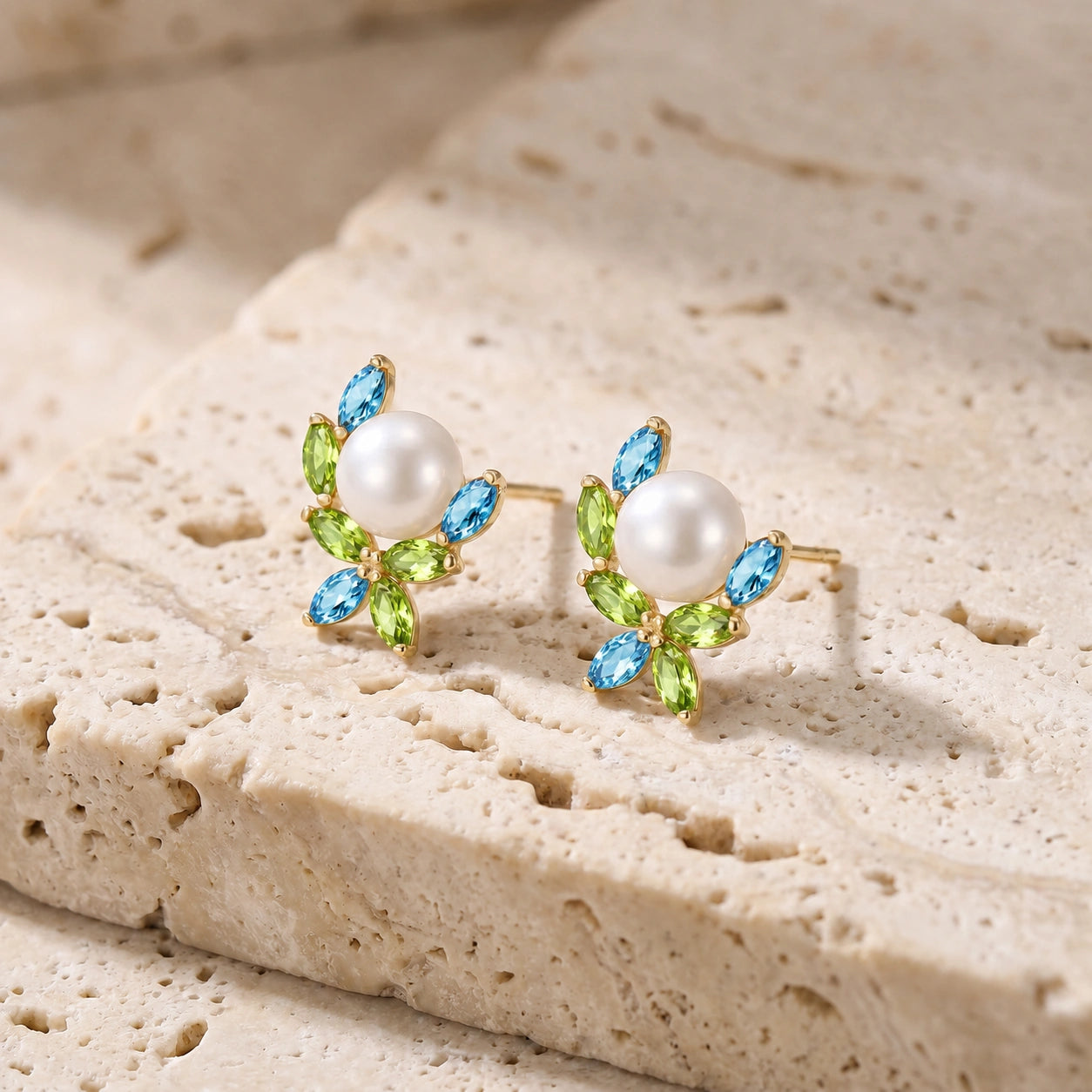 Yellow Gold Pearl & Peridot & Blue Topaz — Mariaambra