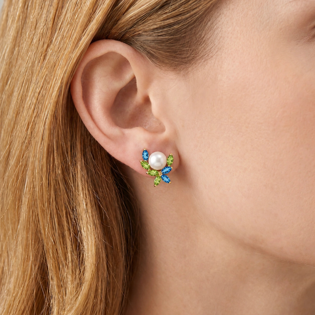 Yellow Gold Pearl & Peridot & Blue Topaz — Mariaambra
