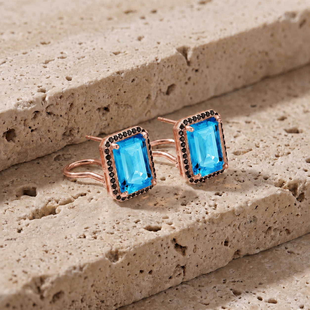 Rose Gold Earrings Blue Topaz 10K — Faustina