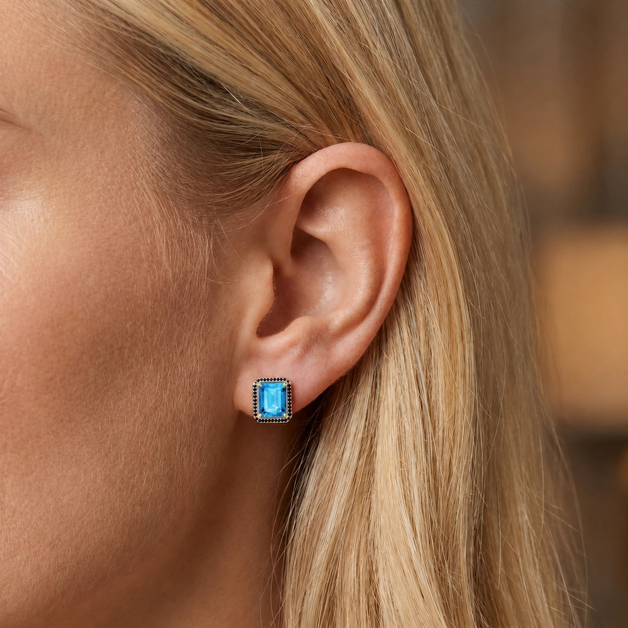 Yellow Gold Earrings Blue Topaz 10K — Faustina