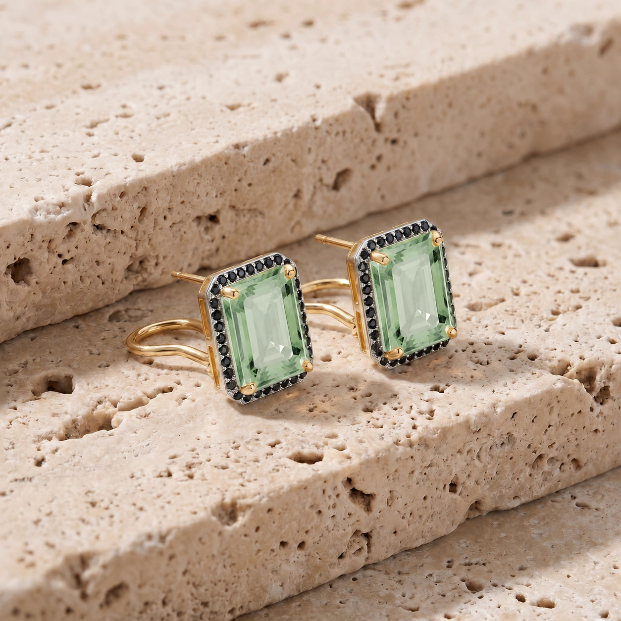 Yellow Gold Earrings Green Amethyst 10K — Faustina