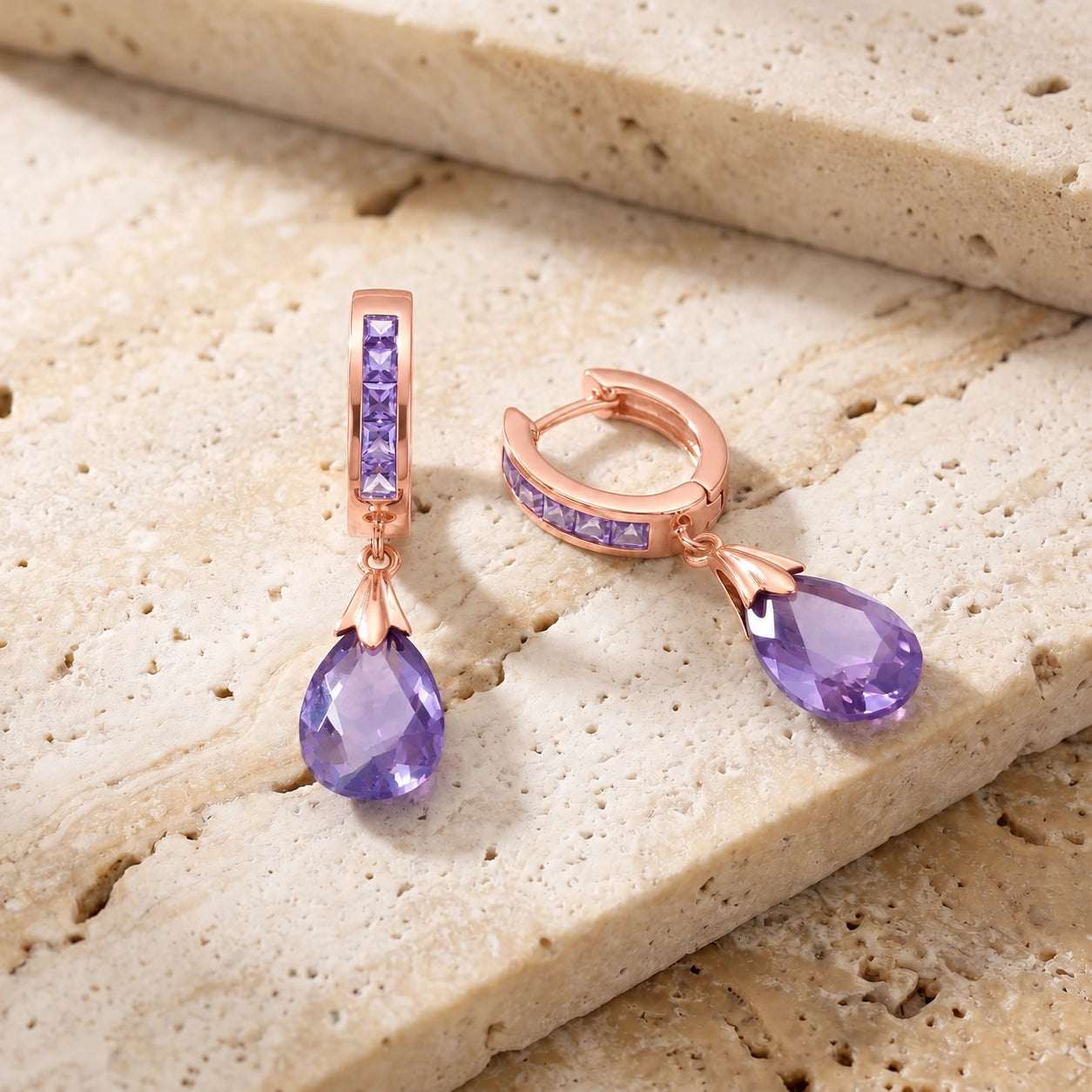 Rose Gold Petal Drop Earrings Amethyst 10K — Pelagia