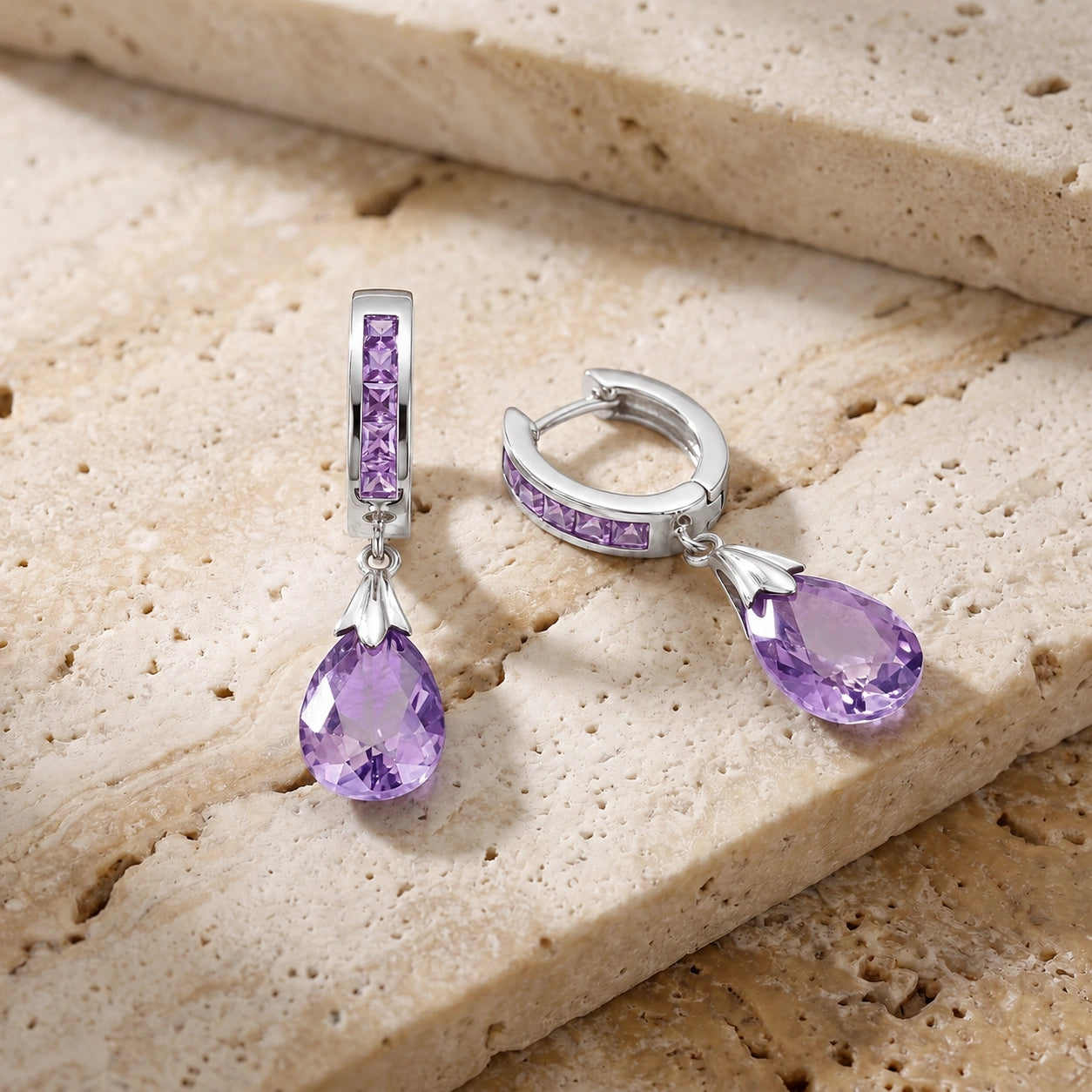 White Gold Petal Drop Earrings Amethyst 10K — Pelagia
