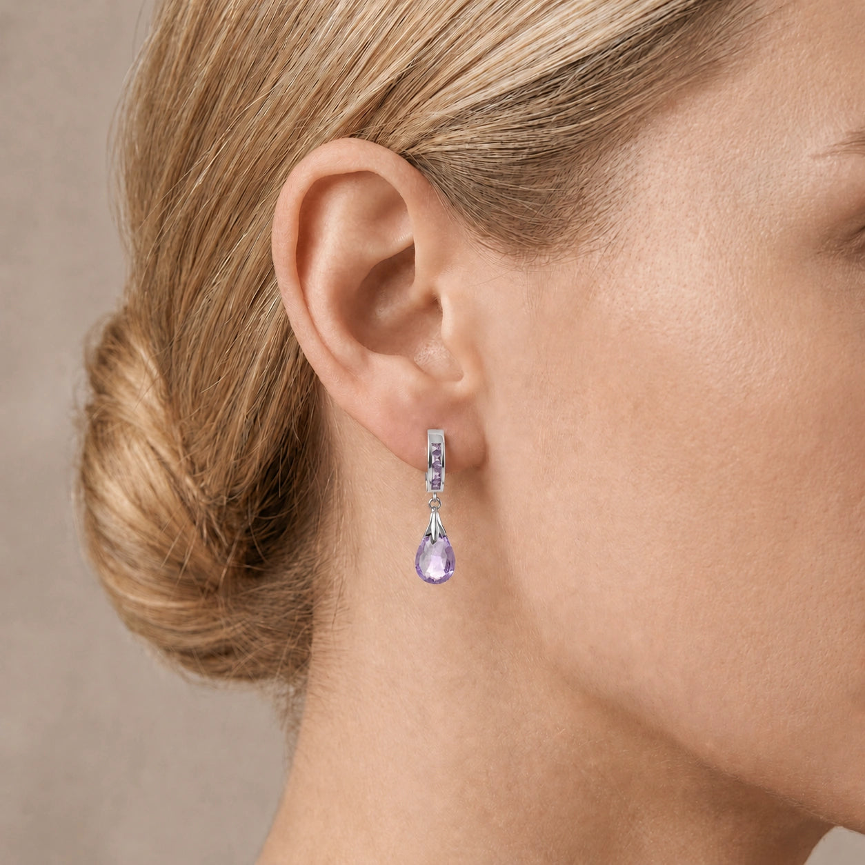 White Gold Petal Drop Earrings Amethyst 10K — Pelagia
