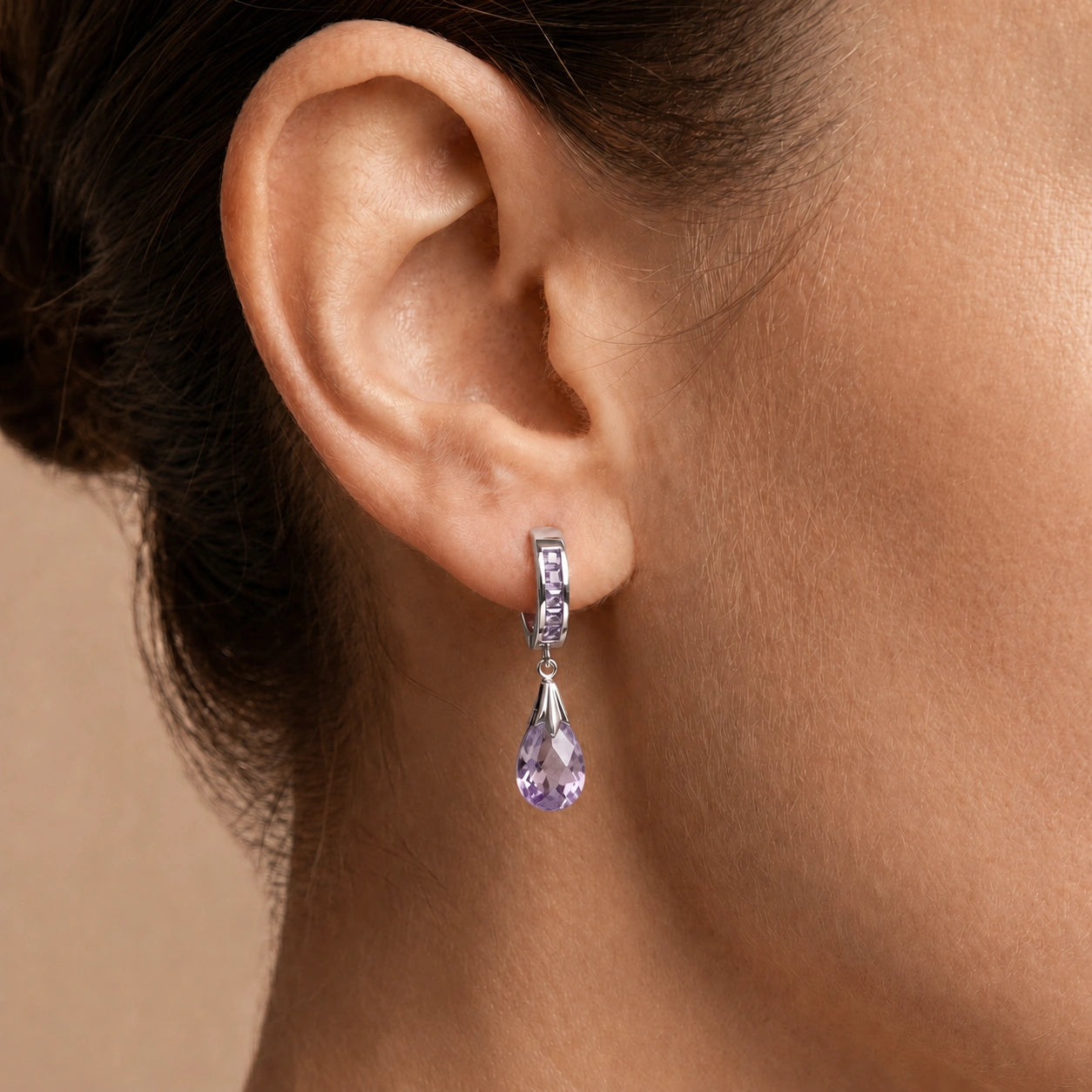 White Gold Petal Drop Earrings Amethyst 10K — Pelagia