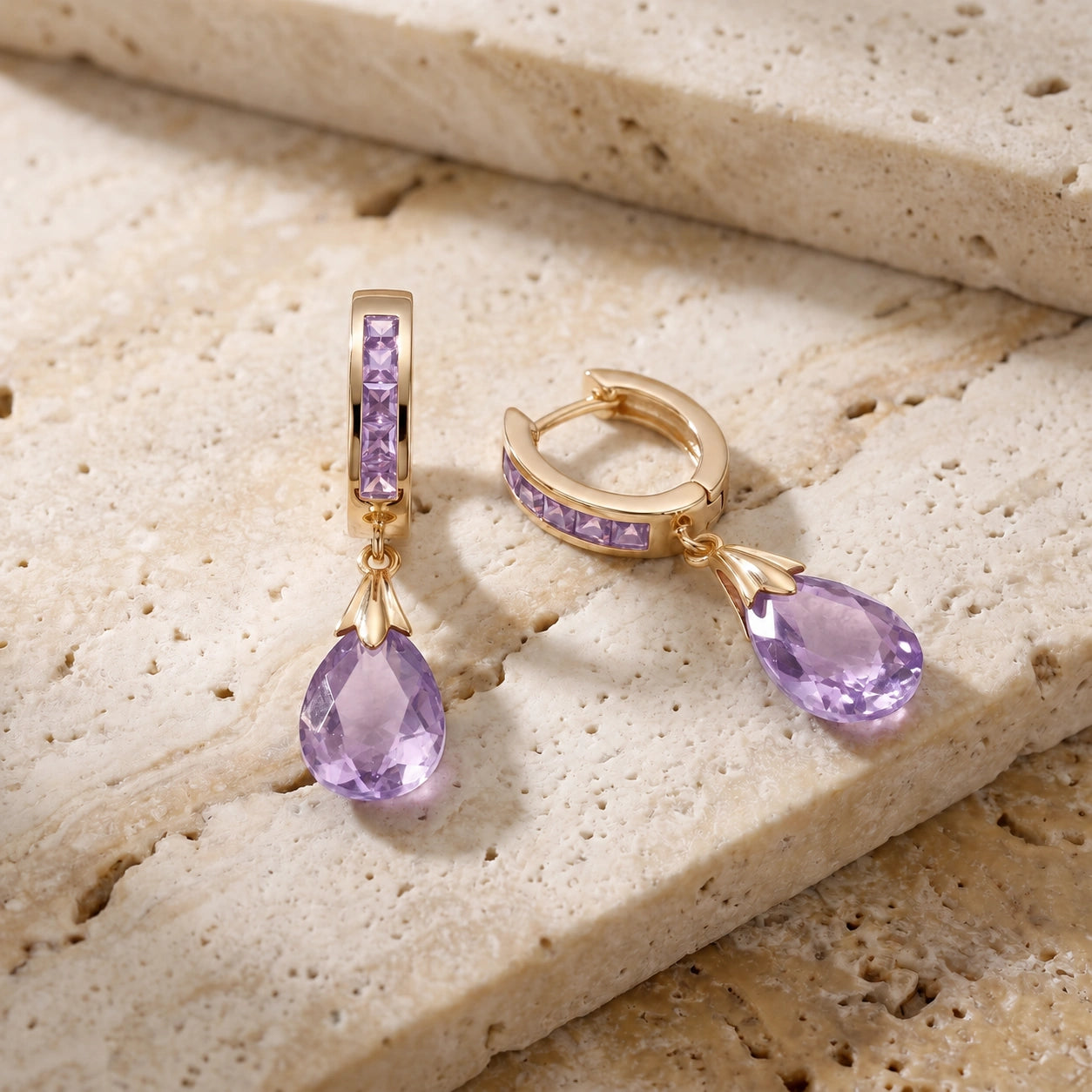 Yellow Gold Petal Drop Earrings Amethyst 10K — Pelagia