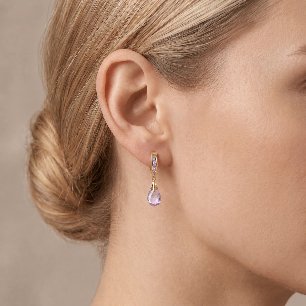 Yellow Gold Petal Drop Earrings Amethyst 10K — Pelagia