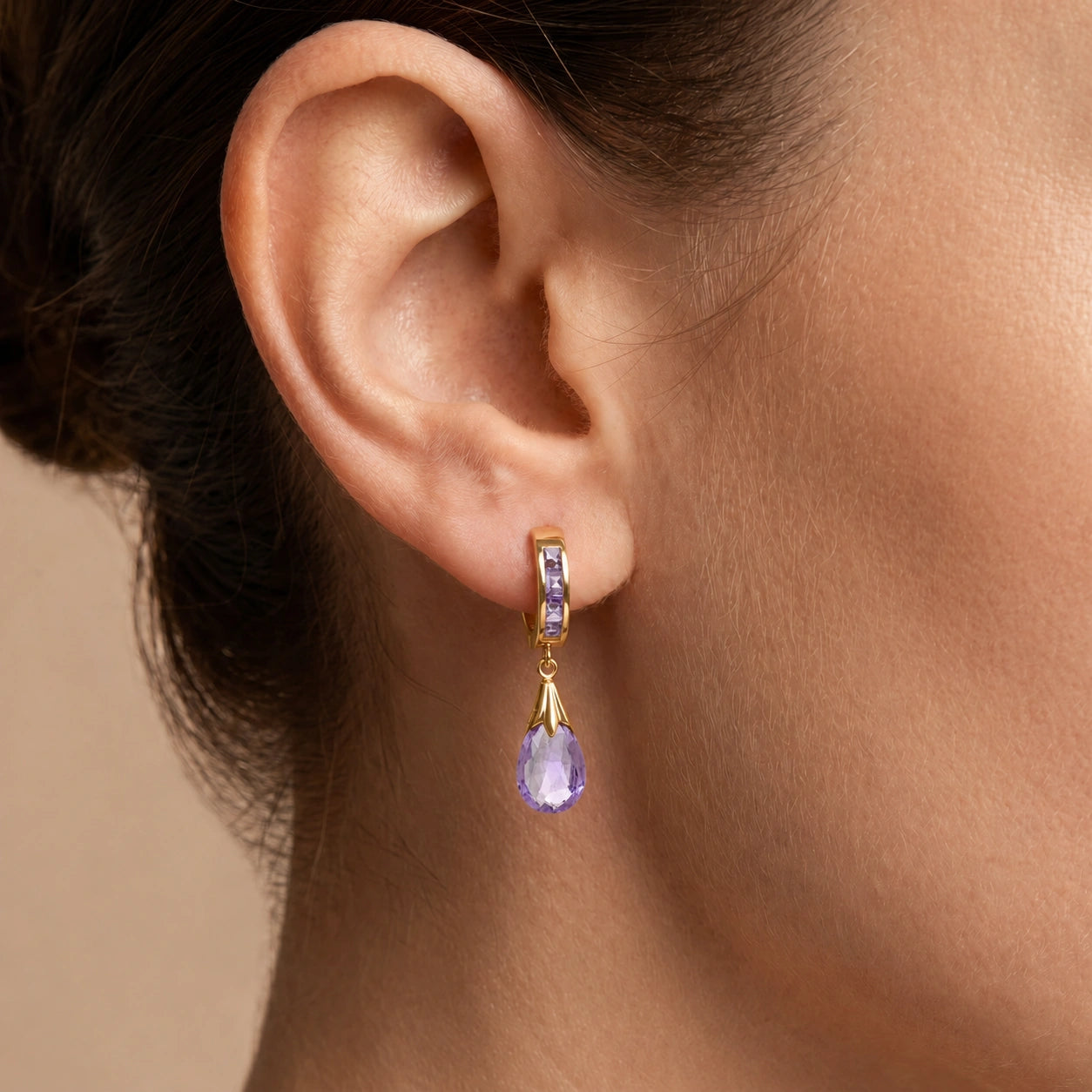 Yellow Gold Petal Drop Earrings Amethyst 10K — Pelagia